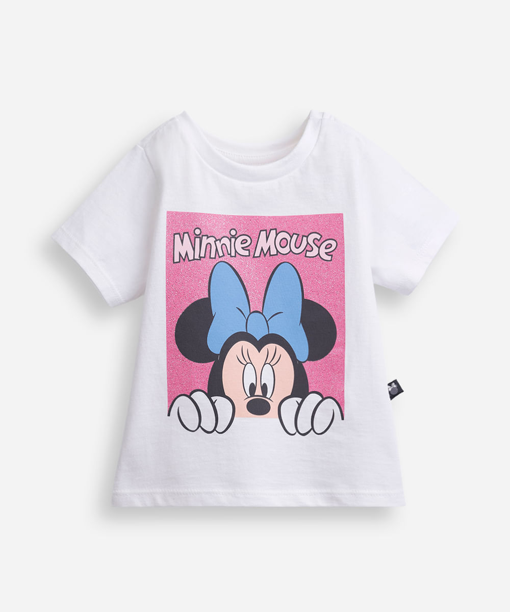 camiseta infantil de algodão minnie com glitter off white