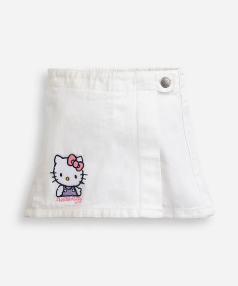 short saia infantil de sarja com bordado hello kitty off white