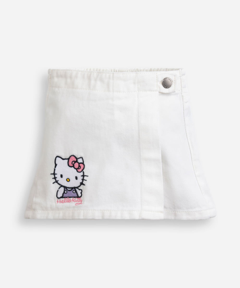 short saia infantil de sarja com bordado hello kitty off white