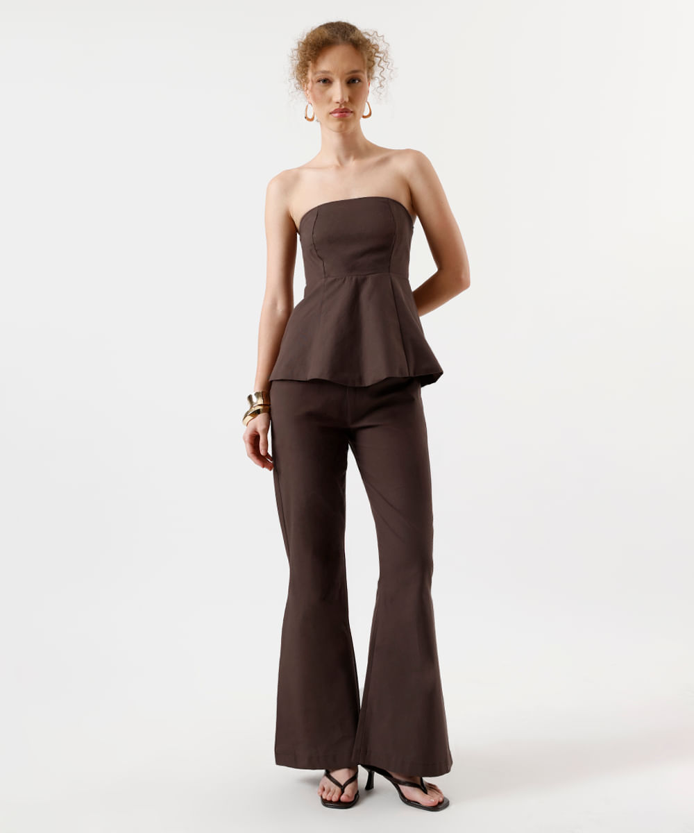 blusa peplum feminina de algodão sem alça com recortes marrom