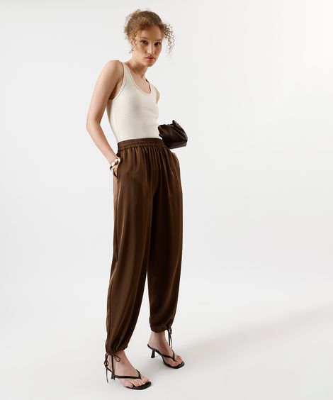 calça aladim feminina com amarração acetinada marrom
