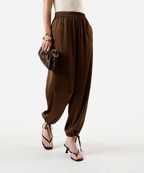 calça aladim feminina com amarração acetinada marrom