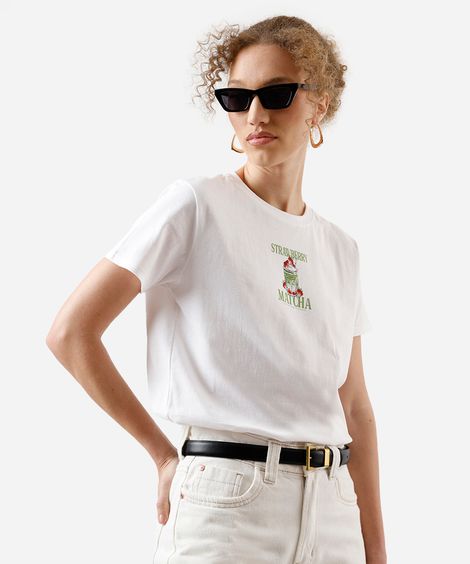 camiseta feminina de algodão matcha off white