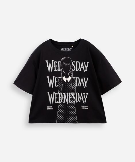 camiseta cropped juvenil de algodão wandinha com glitter preta