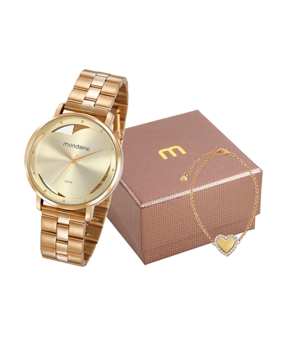 kit relógio feminino mondaine analógico 53748lpmkde1k1 dourado