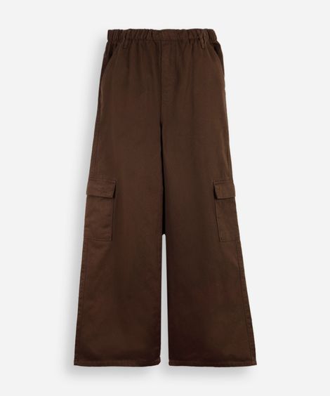 calça wide leg juvenil de sarja com bolsos cargo marrom
