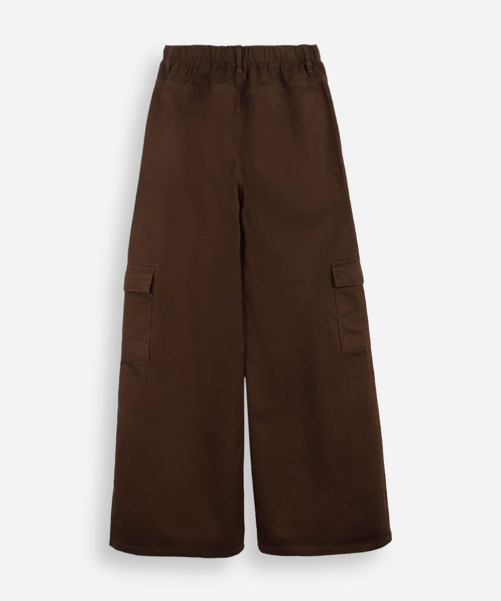 calça wide leg juvenil de sarja com bolsos cargo marrom