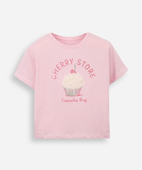 camiseta infantil de algodão cupcake com glitter texturizada rosa