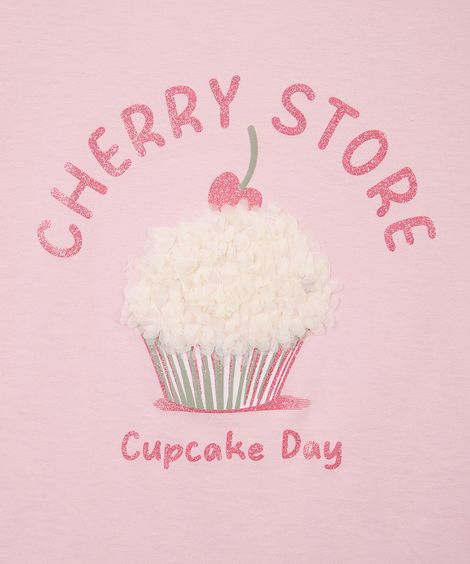 camiseta infantil de algodão cupcake com glitter texturizada rosa