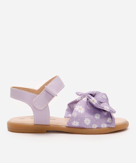 sandália infantil poá floral com laço lilás