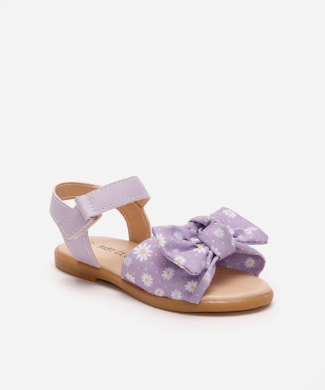 sandália infantil poá floral com laço lilás