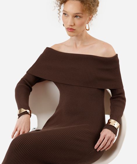 vestido ombro a ombro feminino de tricot canelado marrom