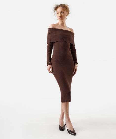 vestido ombro a ombro feminino de tricot canelado marrom