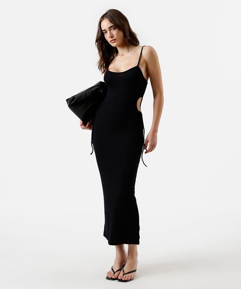 vestido midi de viscose com recortes canelado preto