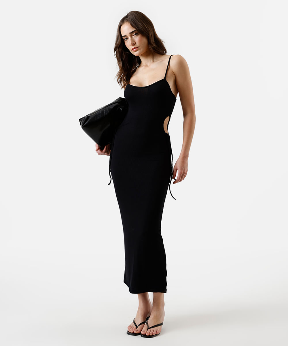 vestido midi de viscose com recortes canelado preto