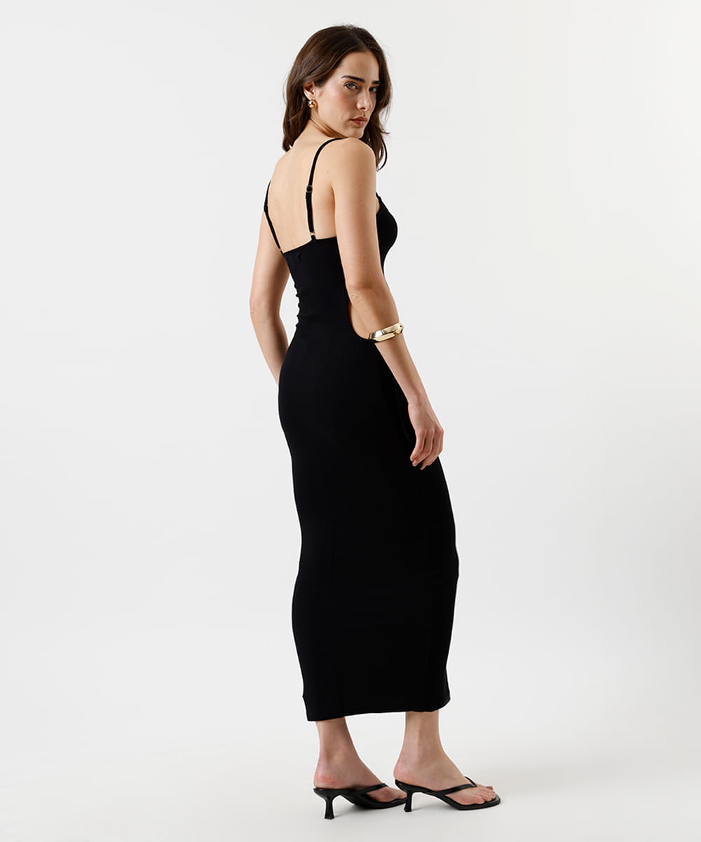 vestido midi de viscose com recortes canelado preto