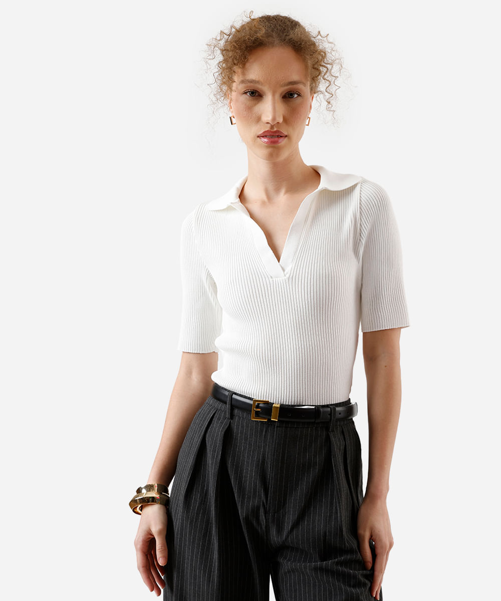 polo feminina de tricot canelada off white