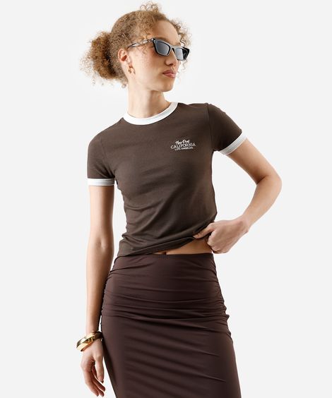 blusa baby look feminina de algodão com bordado básica marrom