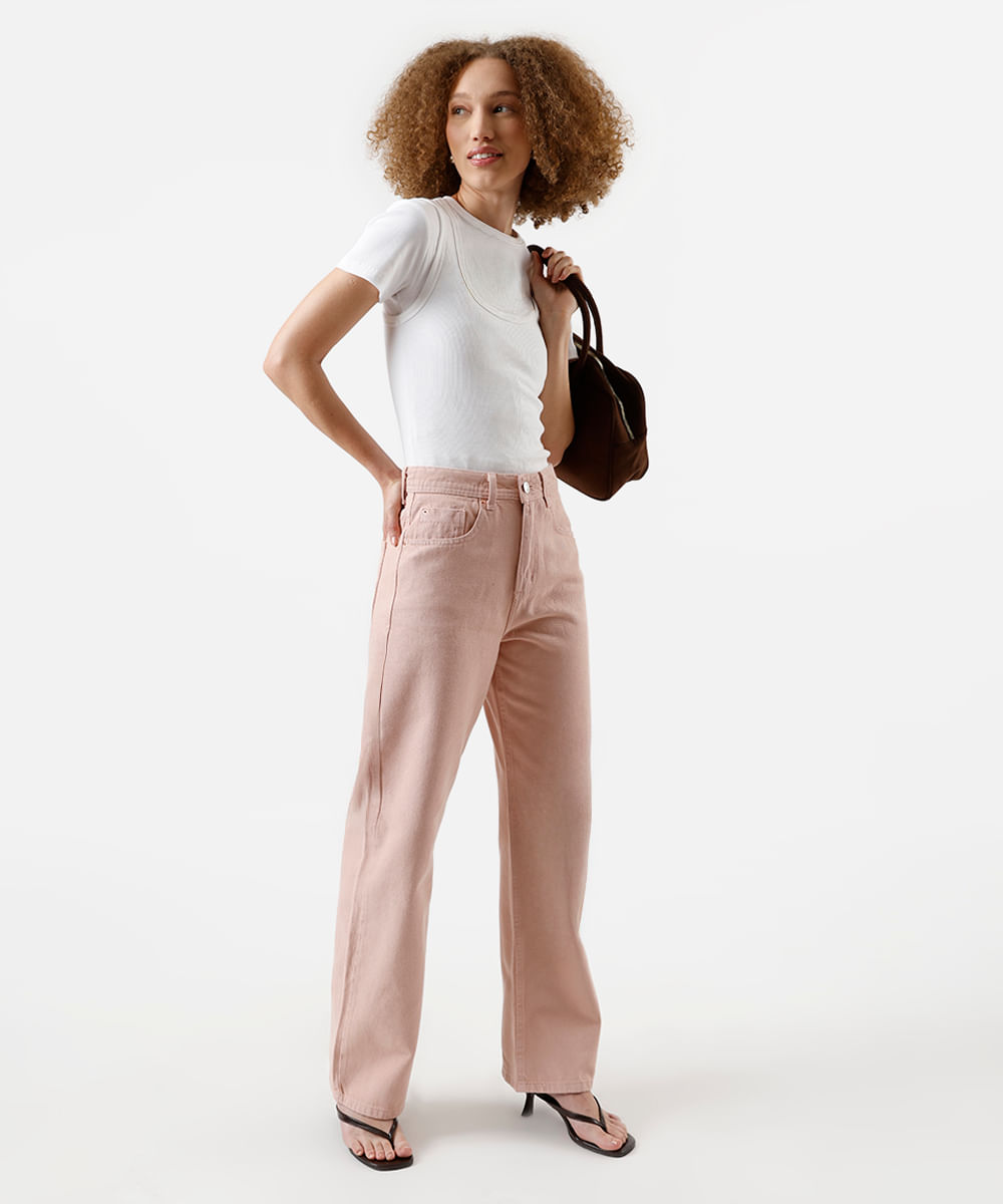calça wide leg slim feminina de sarja cintura alta rosa