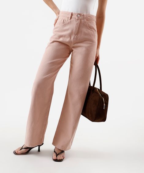 calça wide leg slim feminina de sarja cintura alta rosa