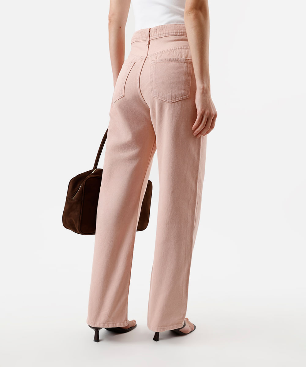calça wide leg slim feminina de sarja cintura alta rosa