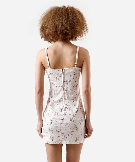 vestido curto feminino de sarja alça fina floral com fenda off white