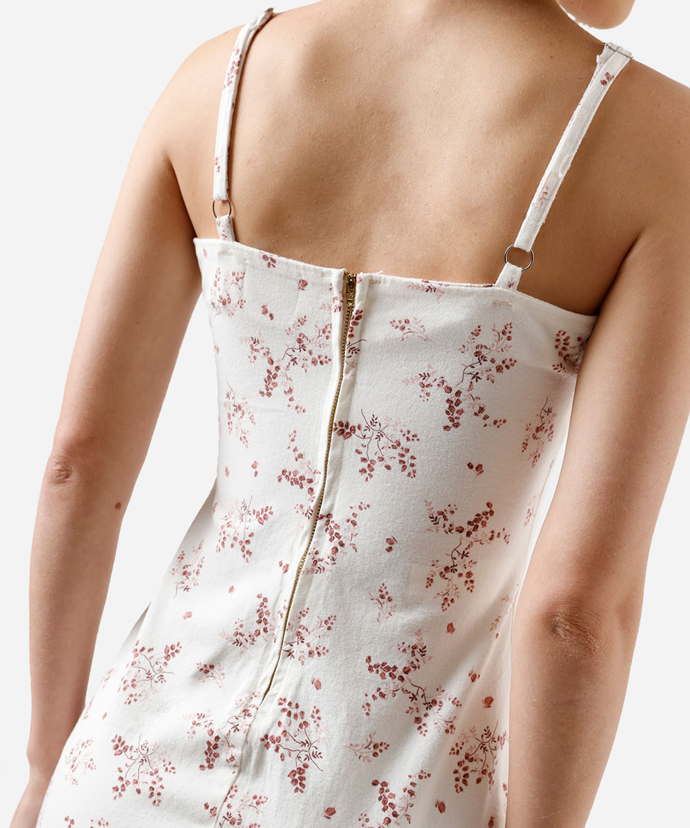 vestido curto feminino de sarja alça fina floral com fenda off white