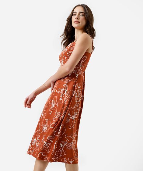 vestido midi feminina de viscose floral laranja