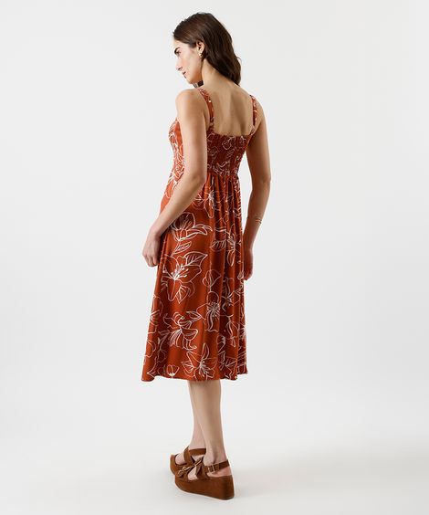 vestido midi feminina de viscose floral laranja