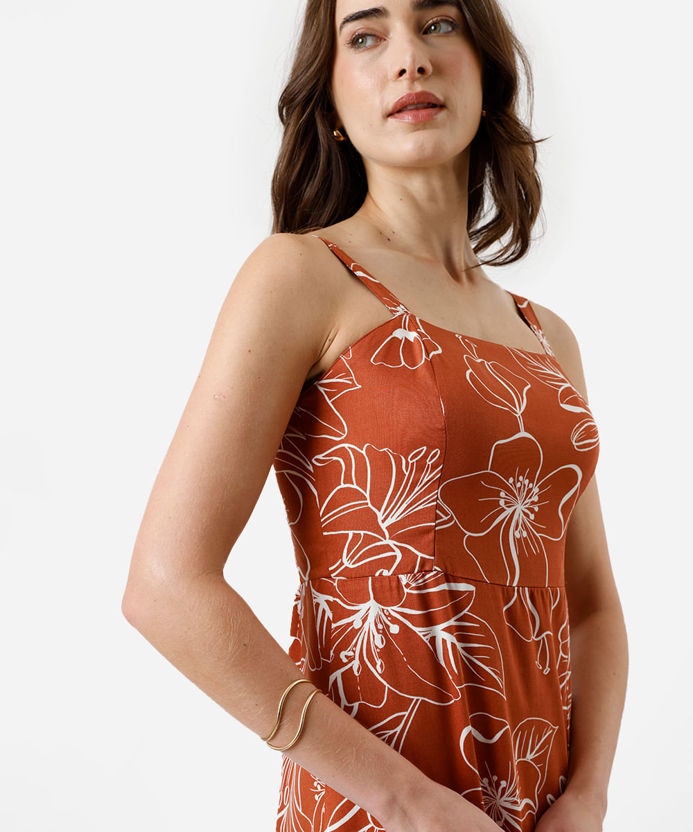 vestido midi feminina de viscose floral laranja