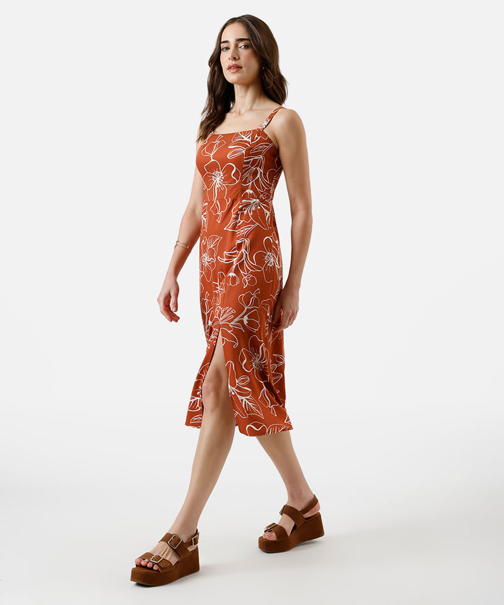 vestido midi feminina de viscose floral laranja
