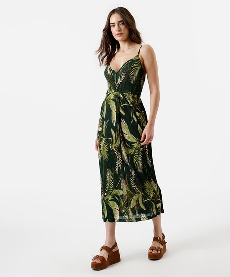 vestido midi feminino alça fina plissado folhagens verde