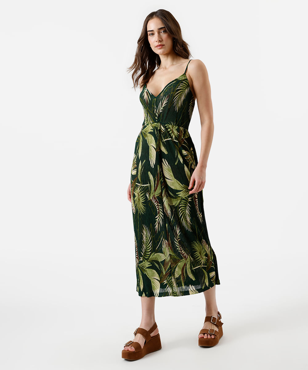vestido midi feminino alça fina plissado folhagens verde