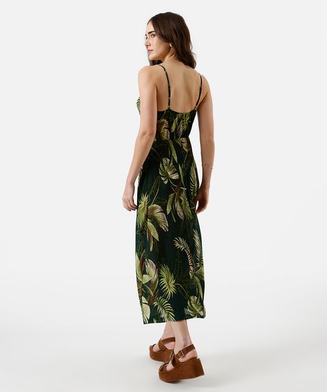 vestido midi feminino alça fina plissado folhagens verde