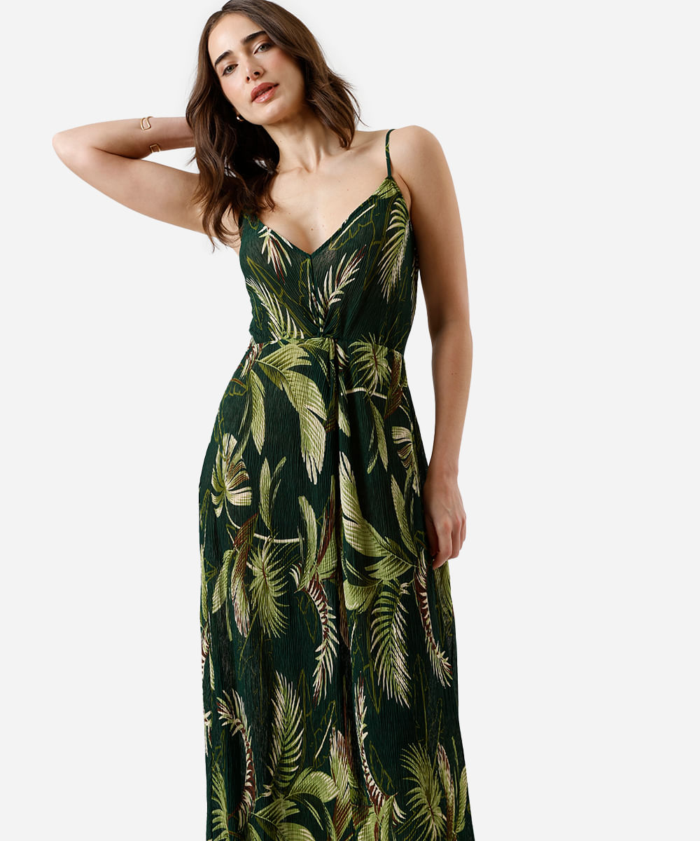 vestido midi feminino alça fina plissado folhagens verde