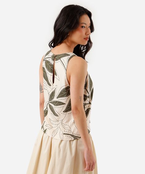 regata feminina de viscose folhagens bege
