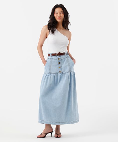 saia midi feminina jeans com recorte cintura alta - jeans claro