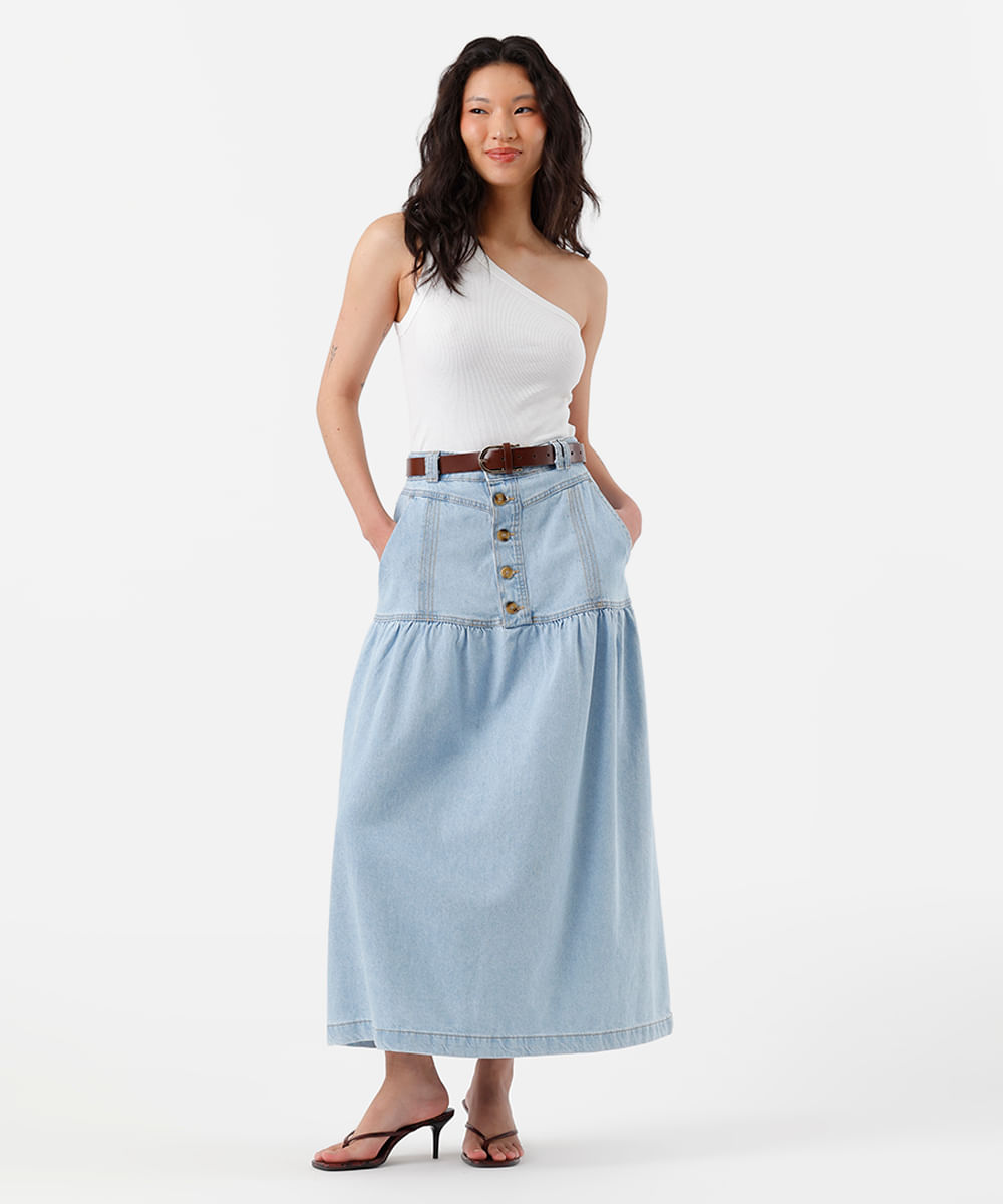 saia midi feminina jeans com recorte cintura alta - jeans claro