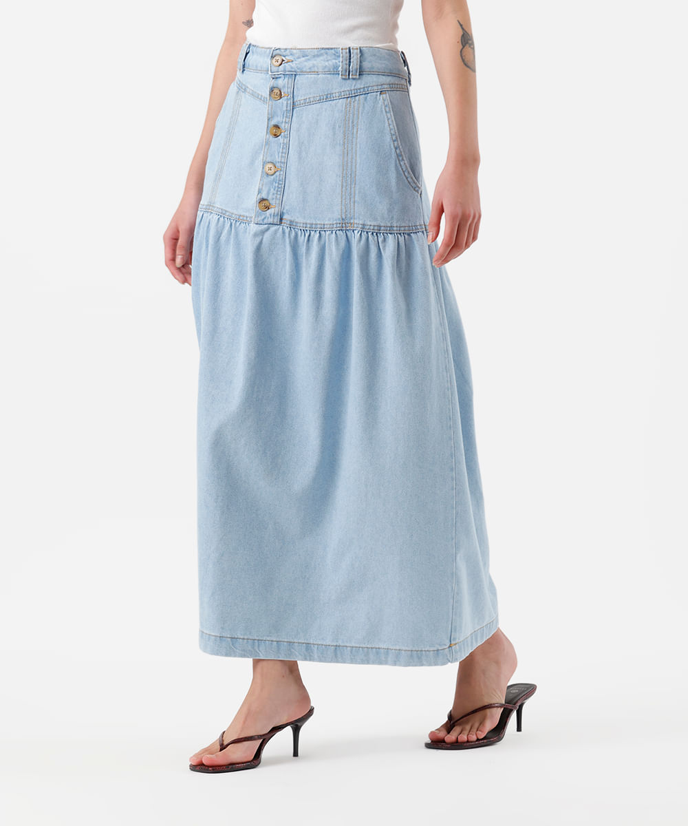 saia midi feminina jeans com recorte cintura alta - jeans claro