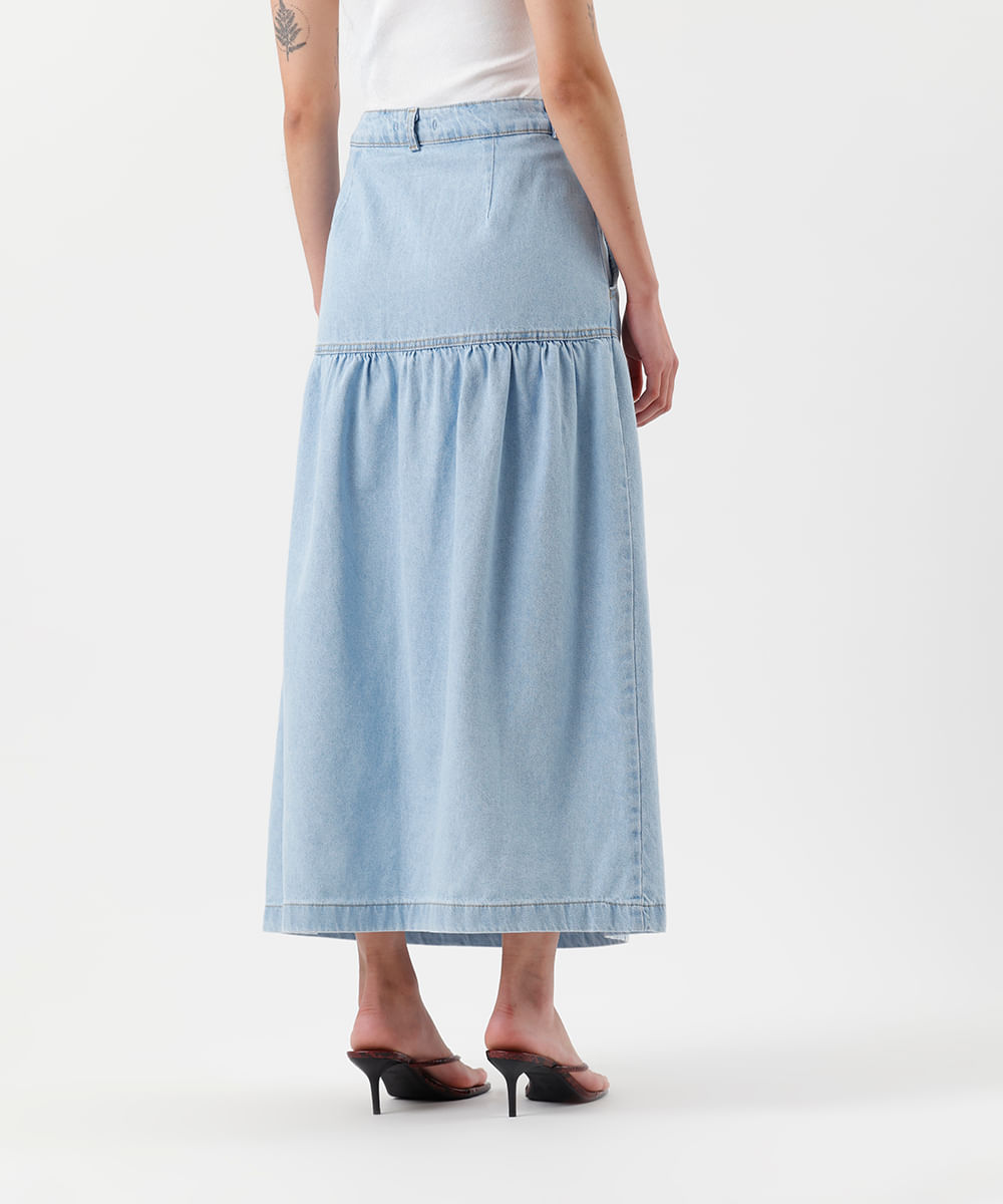 saia midi feminina jeans com recorte cintura alta - jeans claro