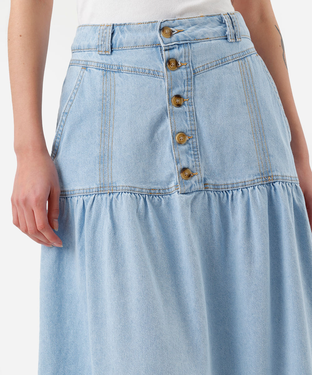 saia midi feminina jeans com recorte cintura alta - jeans claro