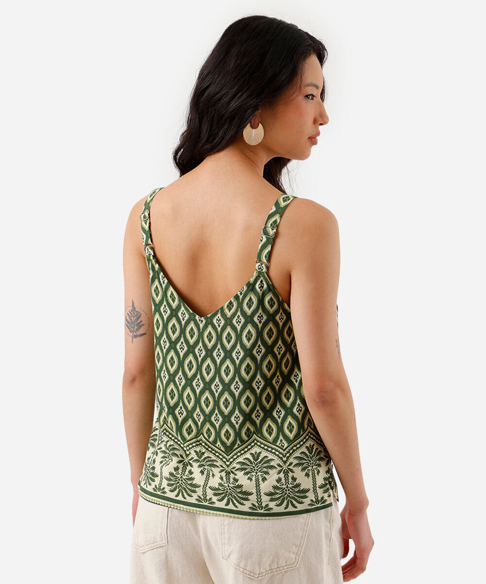 regata feminina de viscose decote v folhagens verde