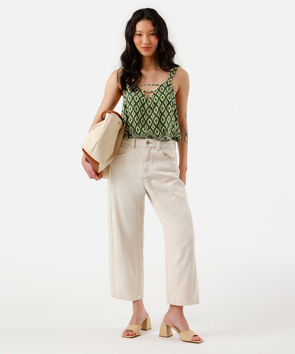 regata feminina de viscose decote v folhagens verde