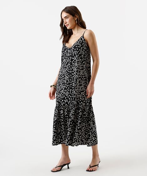 vestido midi feminino de viscose com recorte animal print preto