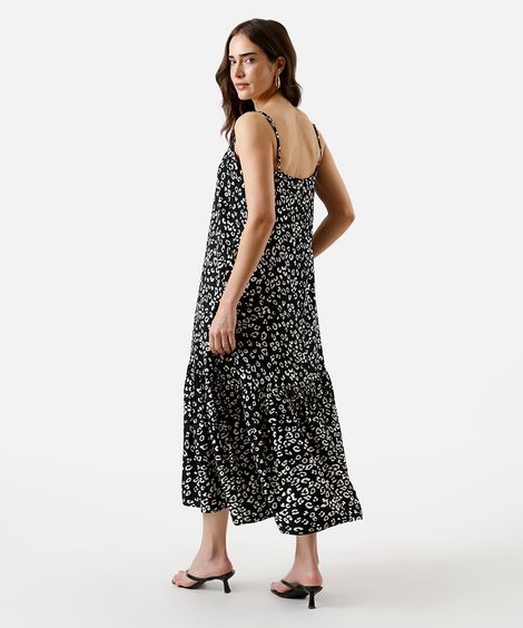 vestido midi feminino de viscose com recorte animal print preto