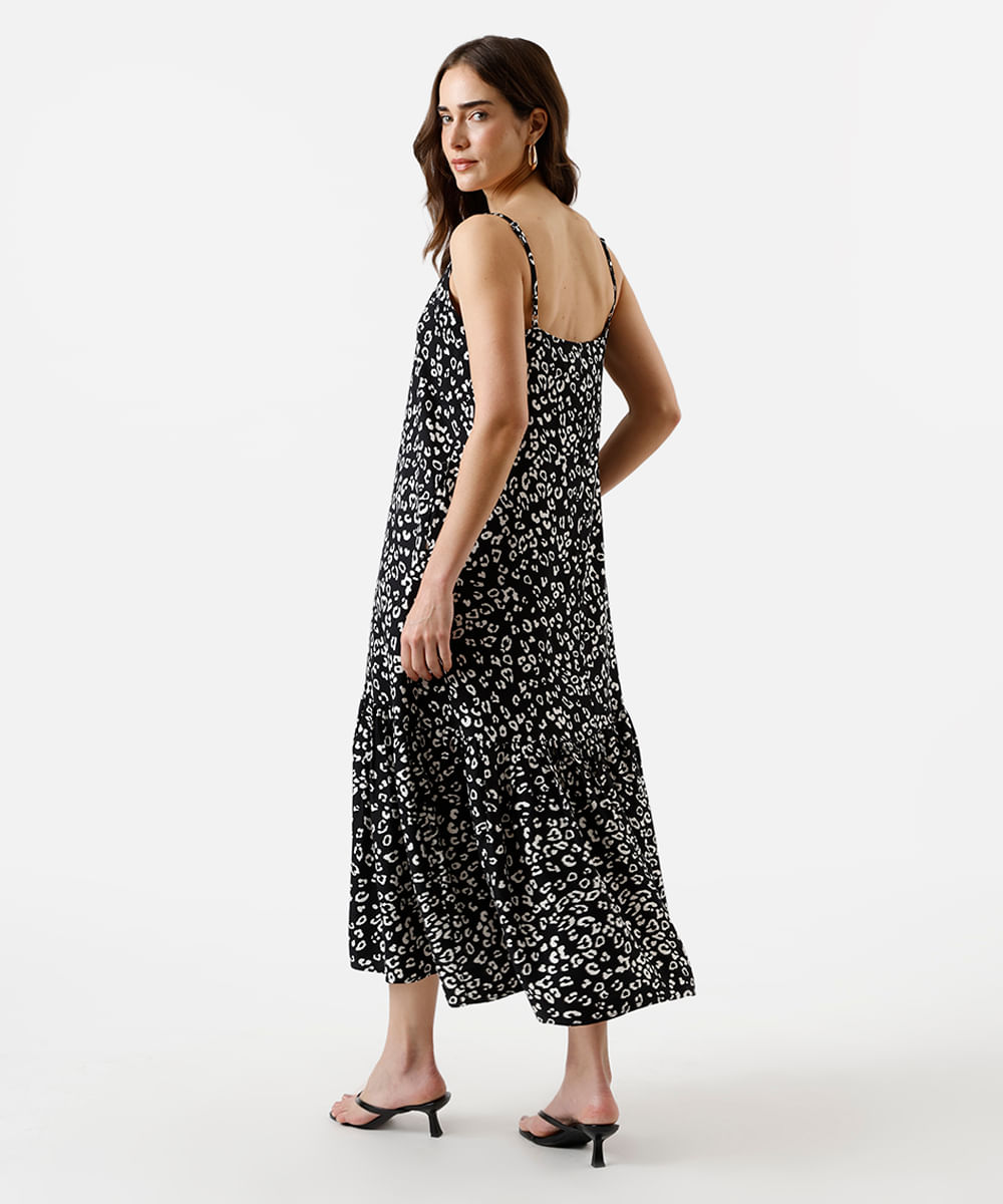 vestido midi feminino de viscose com recorte animal print preto