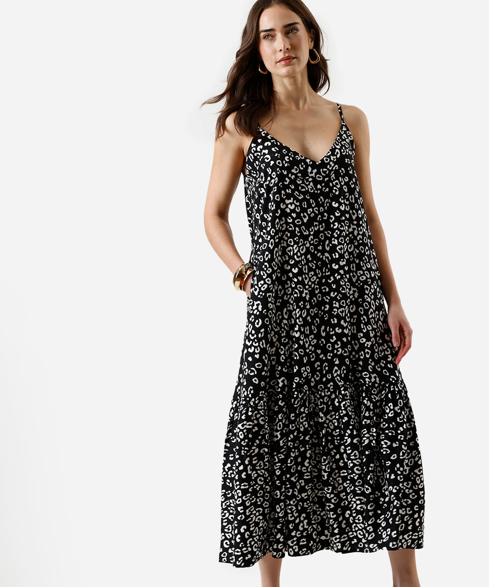 vestido midi feminino de viscose com recorte animal print preto