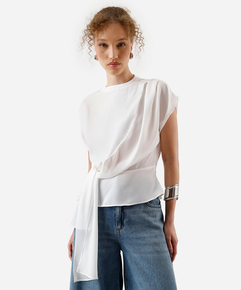 blusa feminina com pregas e amarração texturizada off white