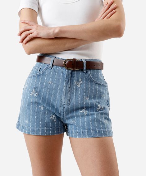 short mom feminino jeans bordado floral listrado - jeans medio