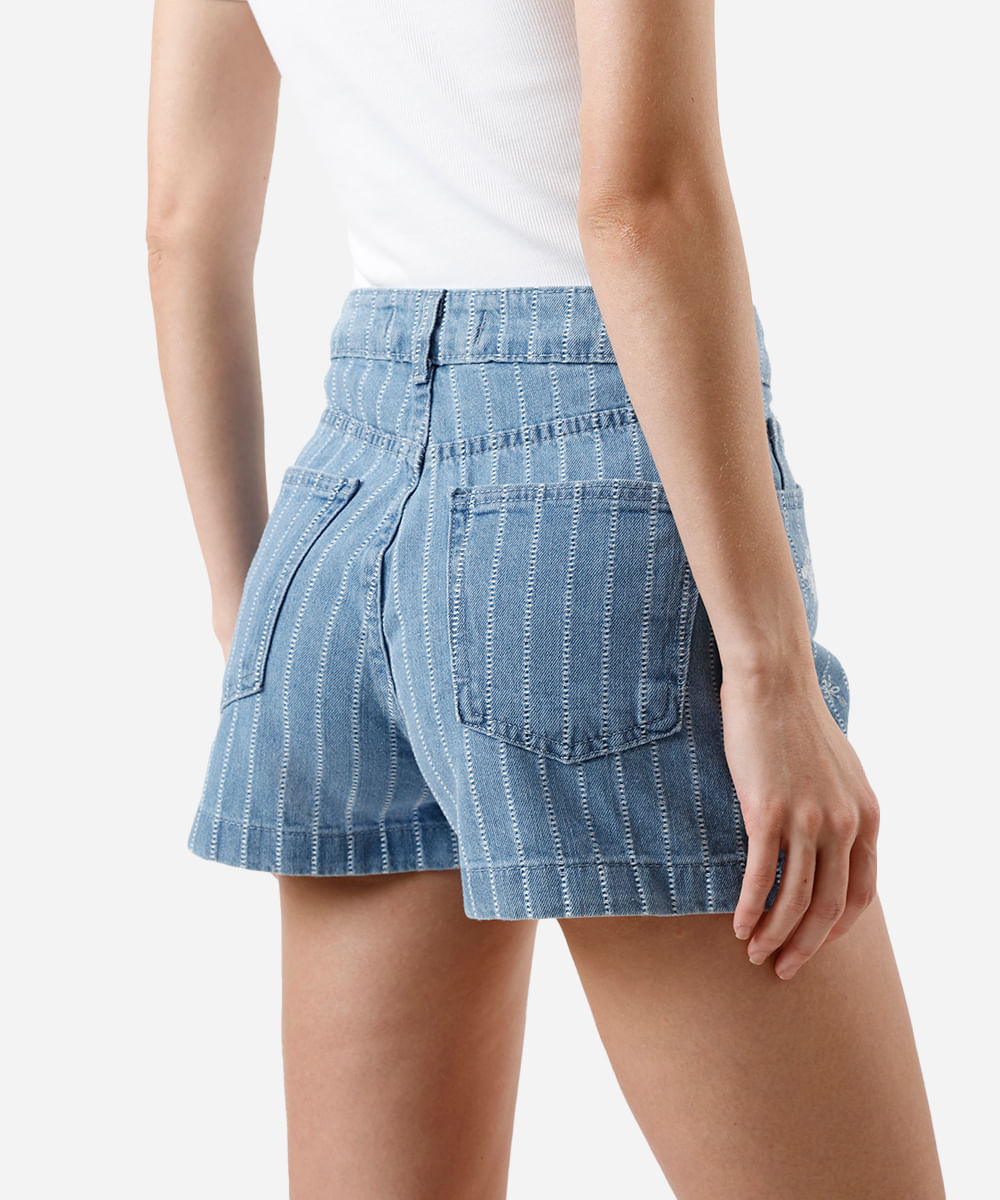 short mom feminino jeans bordado floral listrado - jeans medio
